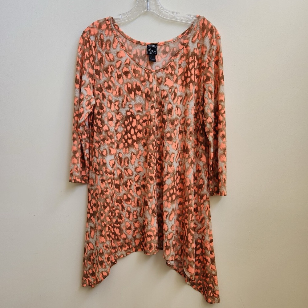 Clara Sun Woo orange poly/rayon and spandex long angled top Large NWT